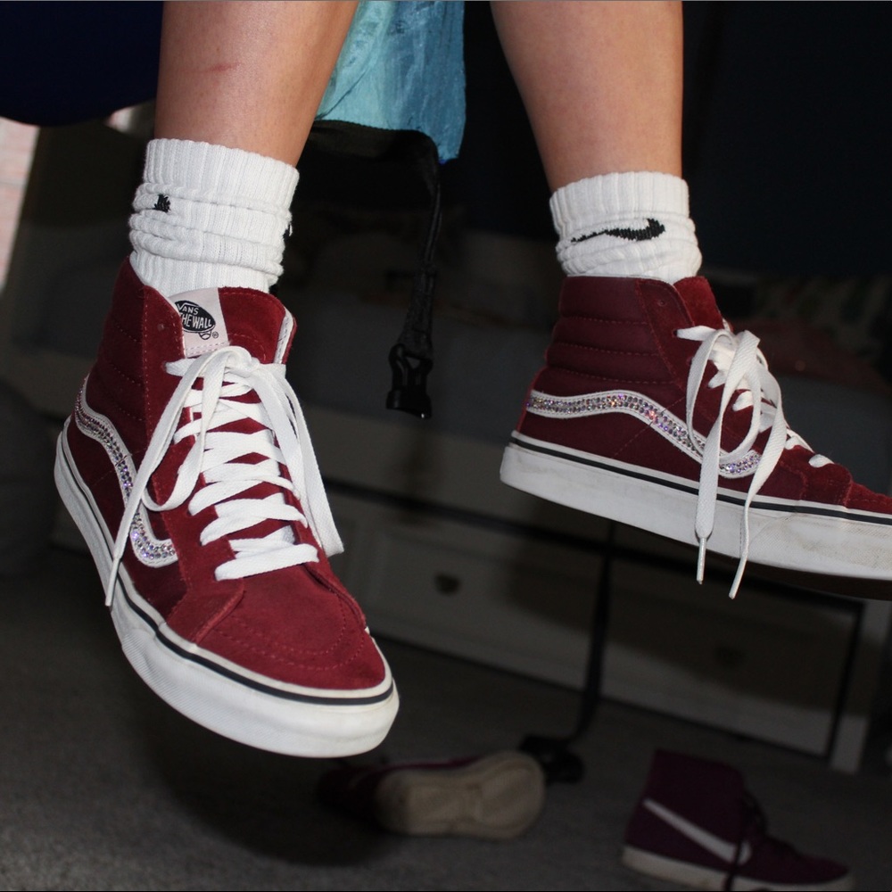 custom suede burgundy vans with swarovski crystals